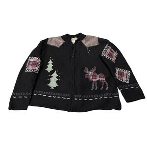 Coldwater Creek Wool Zip Up Cardigan Sweater Moose Plaid Patch Cabin Lodge L